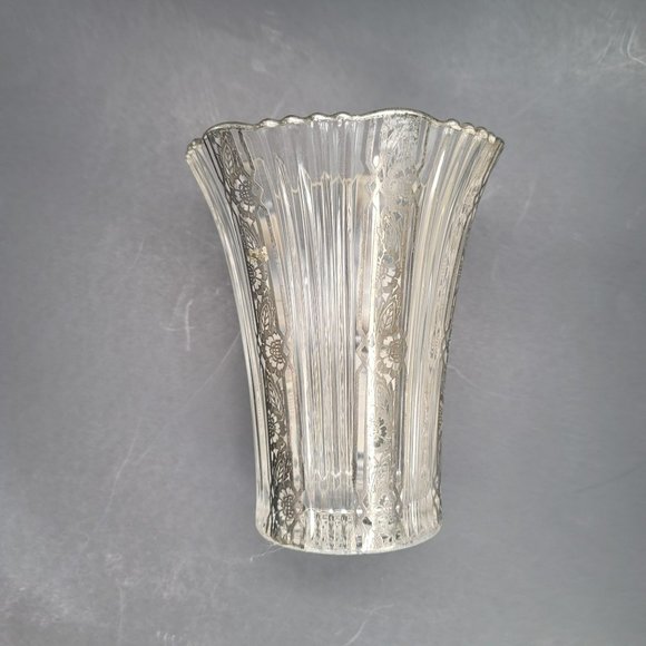Silver Accented Fluted Glass Vase Vintage Hollywood Deco Style PR311 - Picture 7 of 13